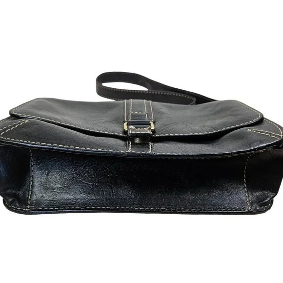 Fossil Handbag Black Leather Shoulder Bag Small Stitch Trim Brass‎ Accent - Picture 7 of 9